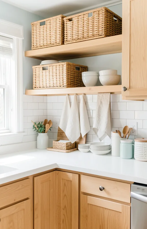 Bright coastal kitchen with light oak cabinets, woven wicker baskets stacked on open shelving above