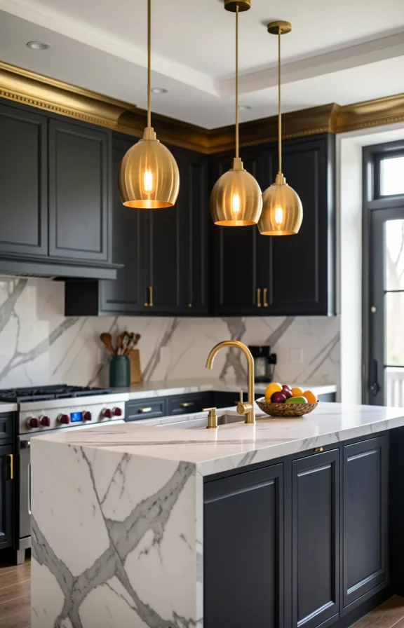 Elegant transitional kitchen with dark charcoal cabinetry