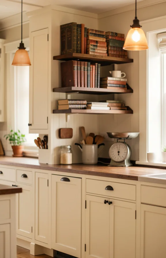 Warm cottage kitchen with cream cabinets