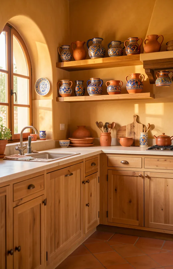 Mediterranean kitchen with terracotta clay and hand-painted ceramic pitchers displayed on open sh