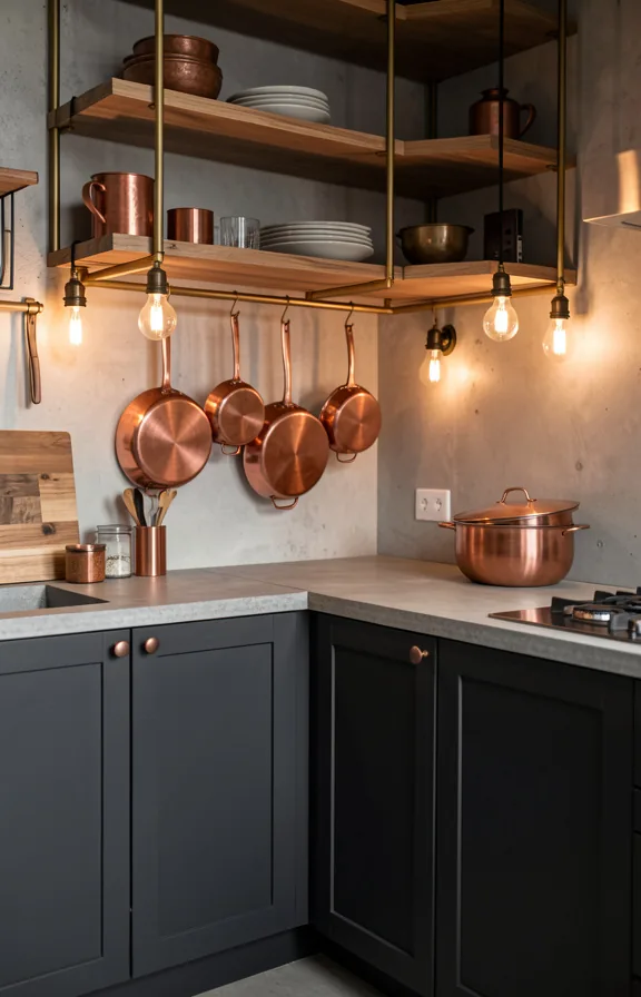 Industrial kitchen with dark charcoal lower cabinets