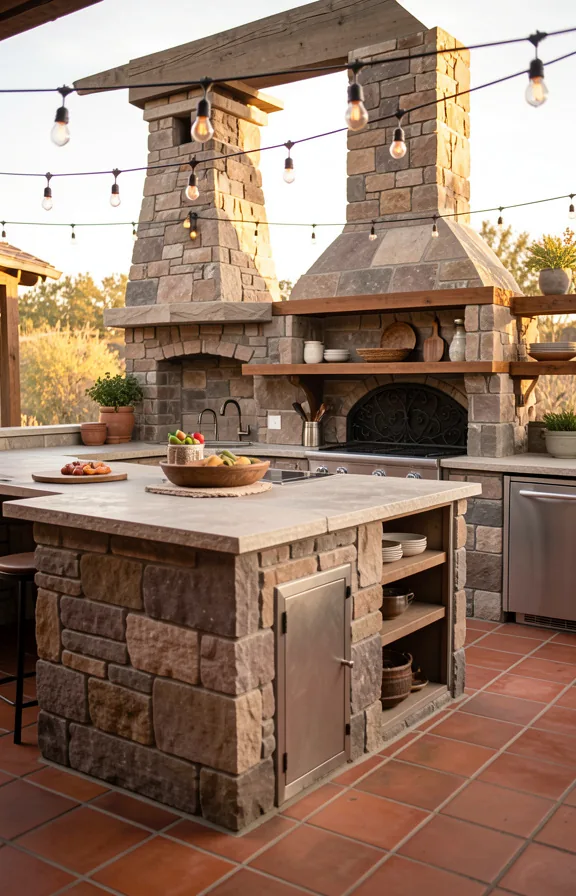 wooden open shelving, wrought-iron grill insert, exposed stone chimney