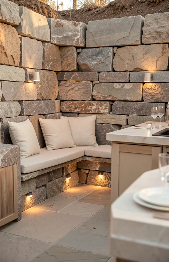 Full view of a quarried stone seating nook adjacent to cooking zone