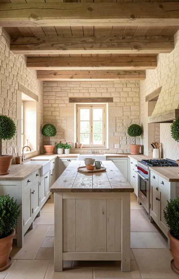 Full mortared stone open galley kitchen with pale ashlar stone walls on both sides