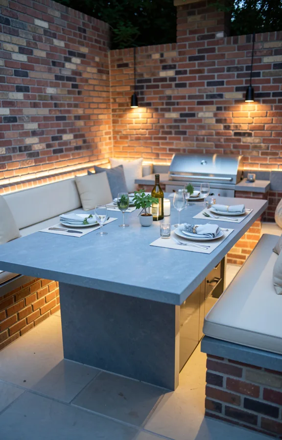 smooth blue-grey stone table and counters, surrounding brick walls with integrated seating