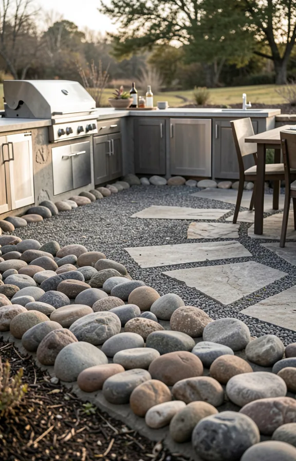 smooth rounded stones set into mortar bed, surrounding cooking and dining zones