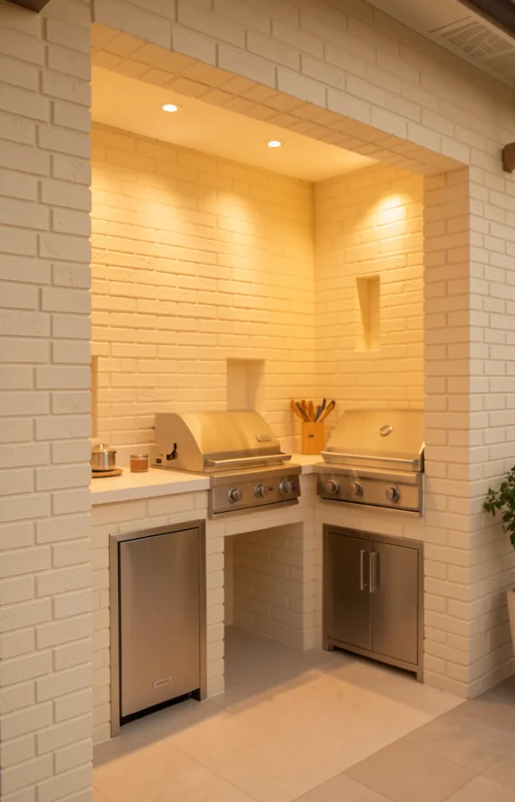 Complete cream brick lighting alcove outdoor kitchen with pale brick walls featuring integrated r