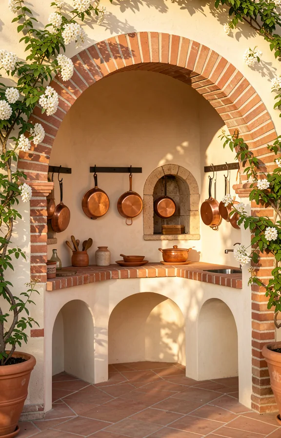 Full Mediterranean outdoor kitchen featuring a curved brick archway entrance