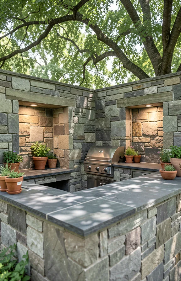 Complete weathered fieldstone outdoor kitchen with irregular ashlar masonry walls