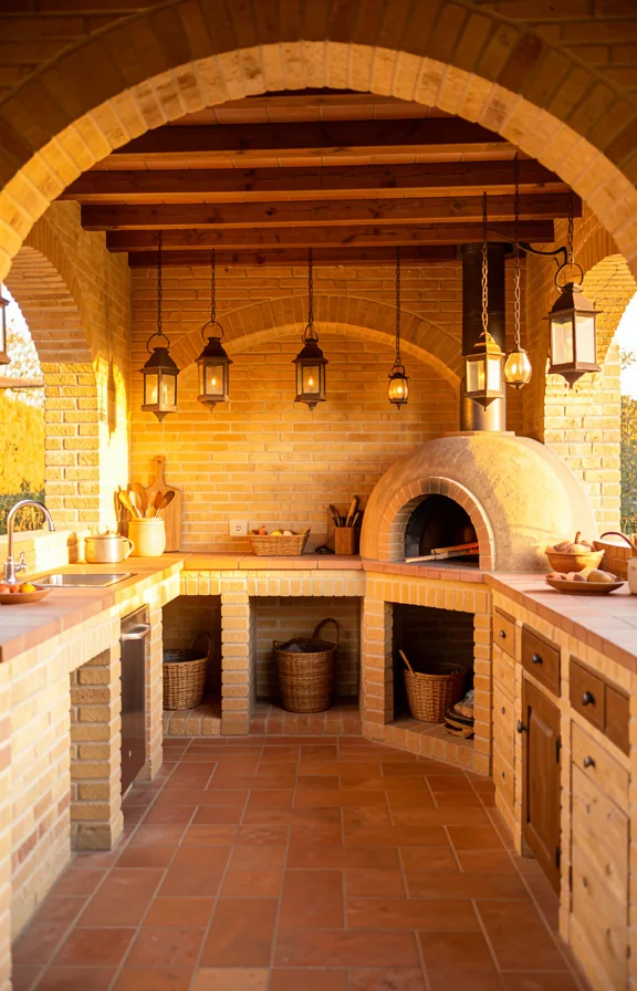 Full Tuscan-style outdoor kitchen with warm ochre brick walls