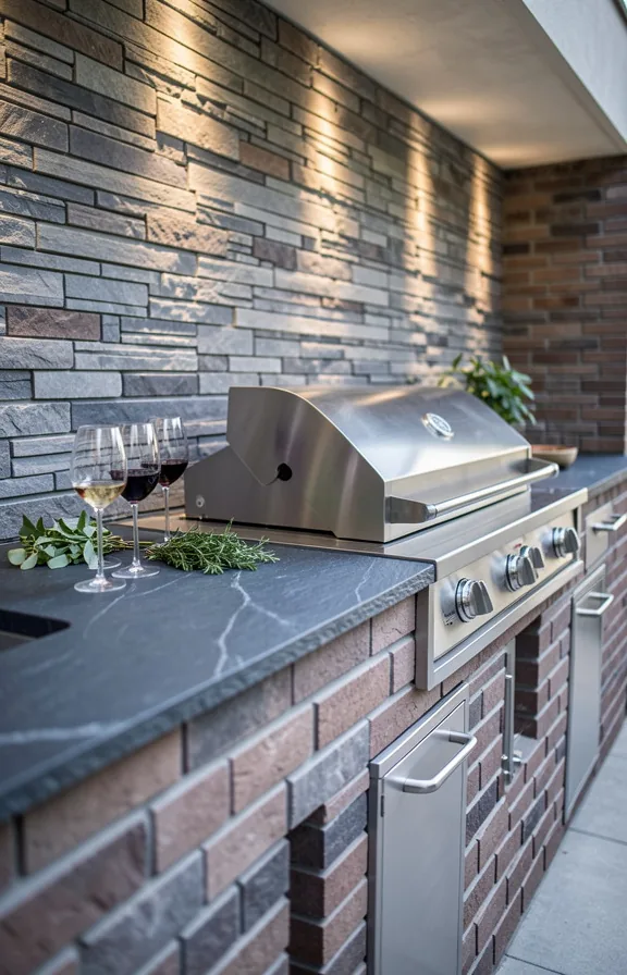 mortared brick surround, stainless steel built-in grill, stone backsplash with horizontal courses
