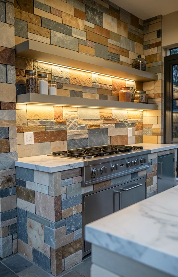 Complete outdoor kitchen with a striking stacked stone feature wall in varied warm and cool tones
