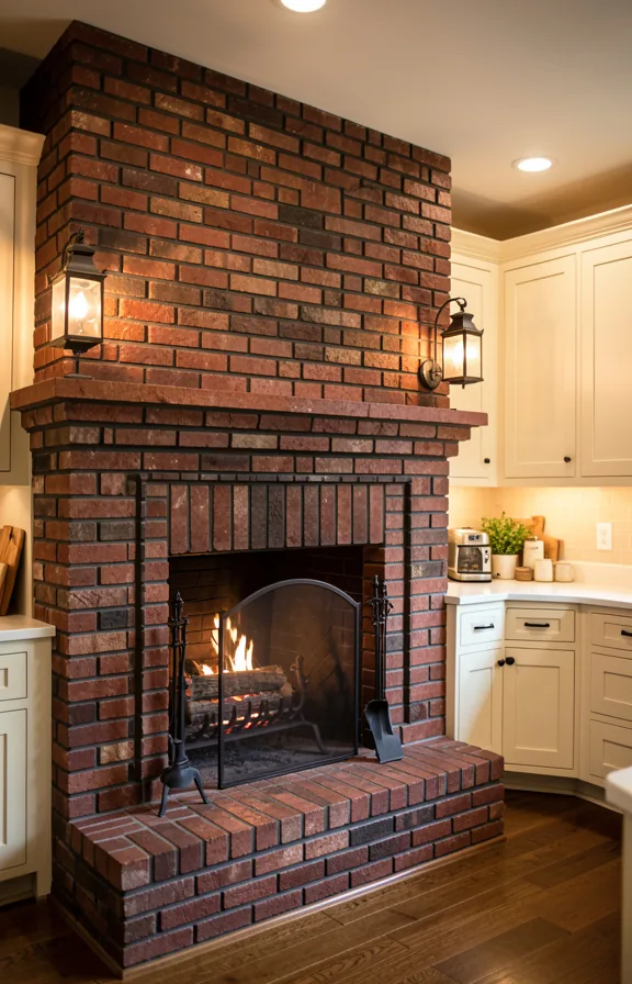 Full colonial-style brick fireplace kitchen with hand-laid red brick