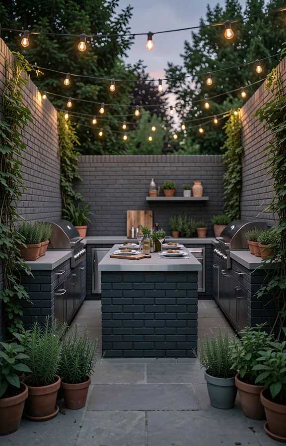 Complete outdoor kitchen with charcoal-grey brick perimeter walls creating an enclosed garden room