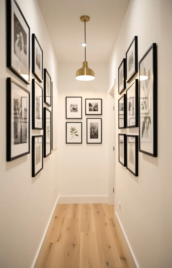 Narrow hallway with black-framed gallery wall featuring black and white photography and botanical