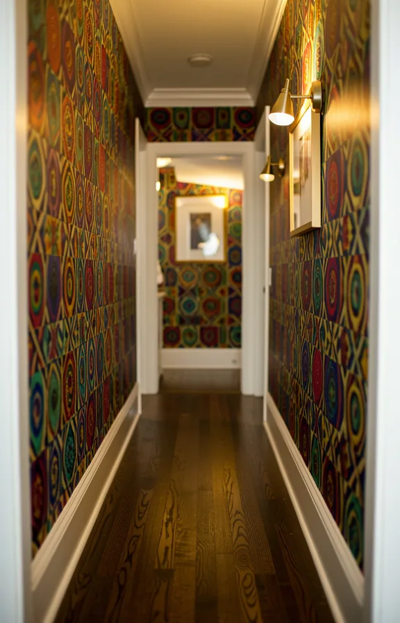 Narrow hallway with bold patterned wallpaper in jewel tones or geometric design