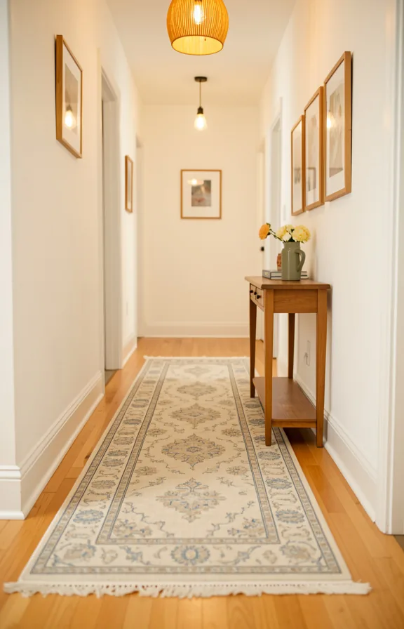 Hallway with patterned runner rug in cream and blue or neutral tones layered over light hardwood