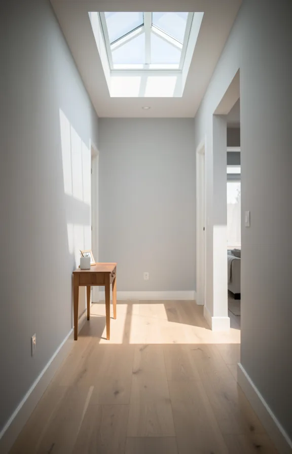 Small hallway featuring skylight above creating natural light pool on light gray or white walls