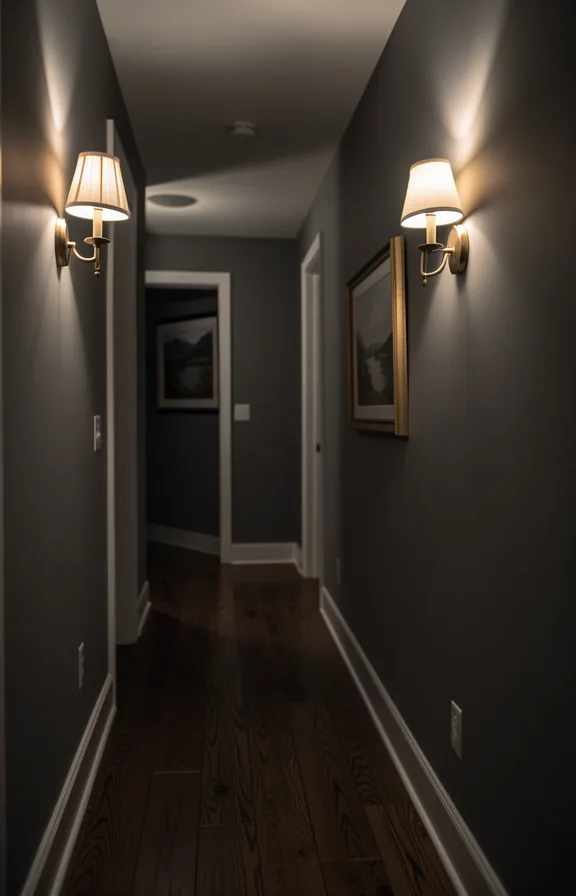 Moody hallway with gray or charcoal walls, dark hardwood flooring