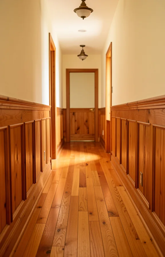 Narrow hallway lined with warm honey and amber hardwood flooring and wooden wainscoting