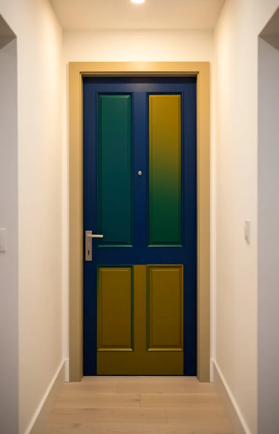 Small entryway with boldly painted door in deep blue
