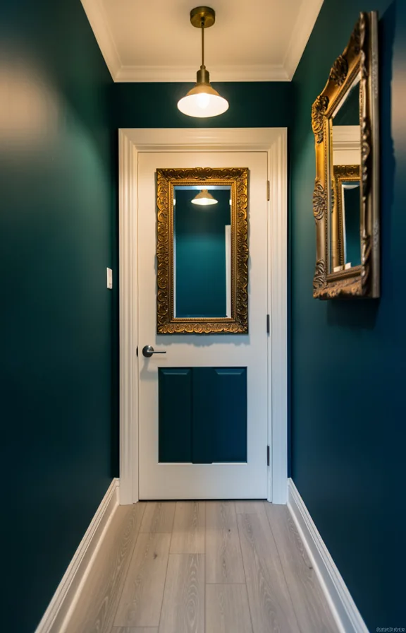 Small entryway with deep emerald or sapphire accent wall