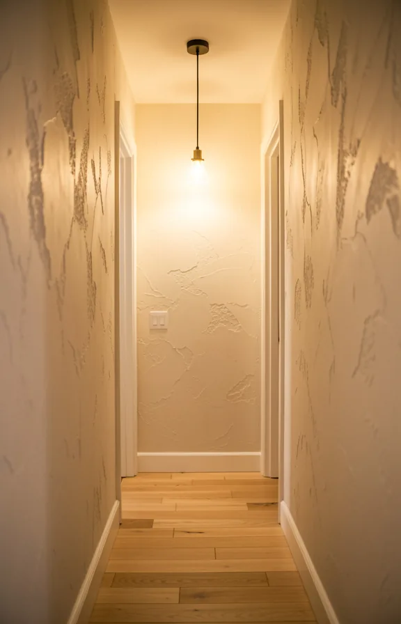 Hallway with textured plaster walls in warm cream or soft taupe