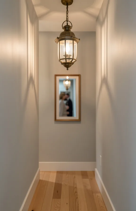 Narrow passage with vintage-style lantern pendant light in brass or bronze