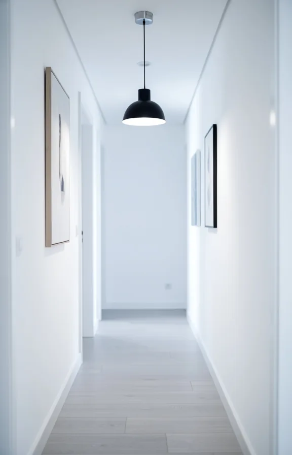Contemporary hallway with white walls, light gray flooring