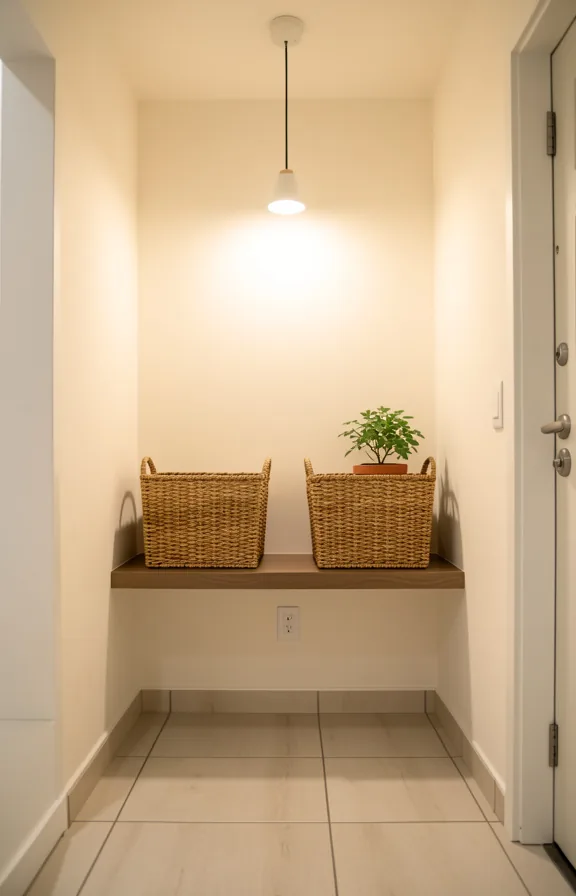 Entryway with two woven baskets on floating shelf or on console table