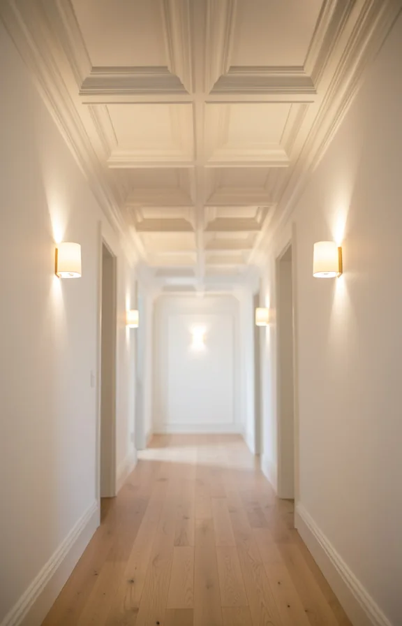 Hallway featuring coffered or paneled ceiling detail in white or cream