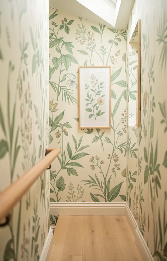 Narrow passage featuring botanical print wallpaper in soft greens and creams