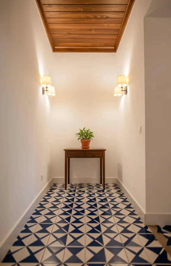 Hallway with geometric tile floor in navy and white pattern
