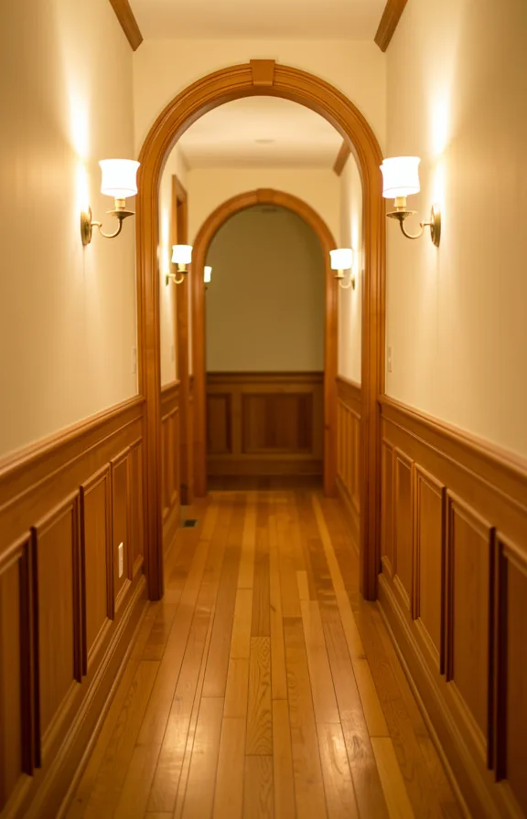 Wood-paneled narrow hallway featuring warm honey-toned wainscoting, cream walls above