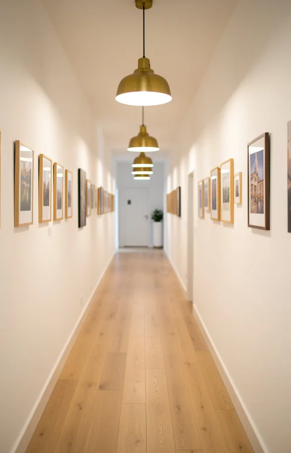 Long narrow corridor with white walls, light wood flooring
