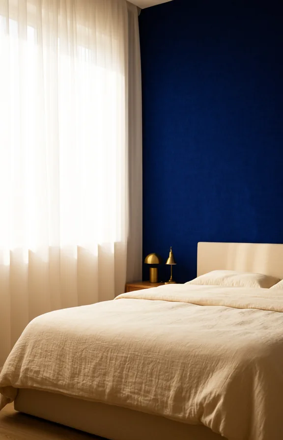 floor-to-ceiling behind modern bed frame, cream linen bedding