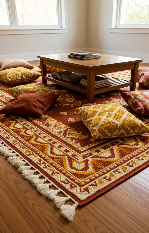 saffron yellow, and cream geometric pattern with tassels