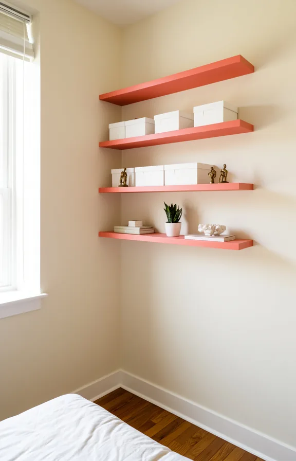 3/4 angle of bedroom wall with three coral pink floating shelves at varying heights