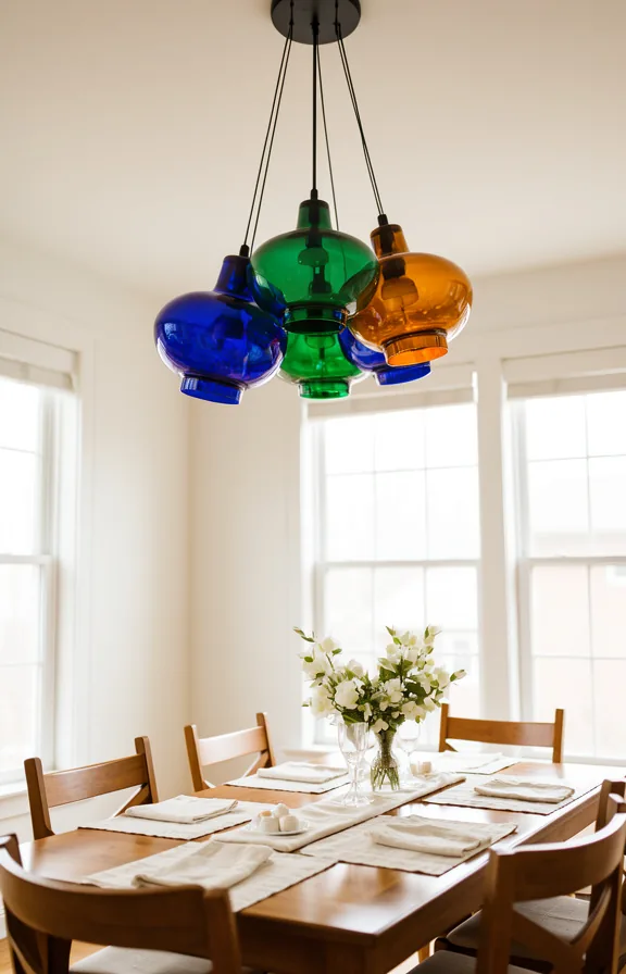 Full dining room ceiling view with cluster of five jewel-toned glass pendant lights in cobalt