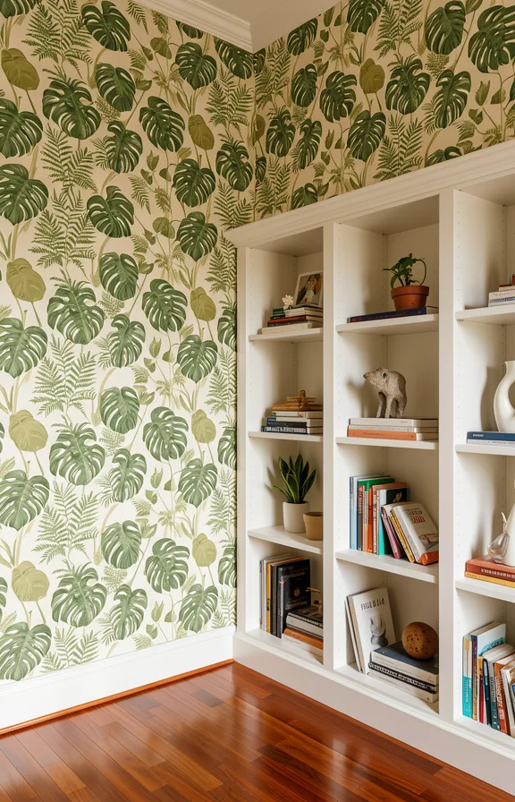 white wooden shelving unit displaying books and decorative objects