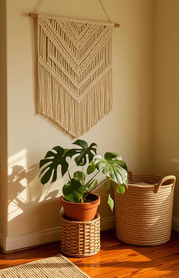Medium shot of living room corner featuring macramé wall hanging in cream cotton with geometric d