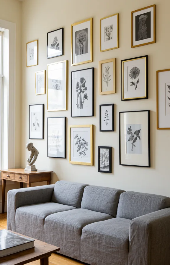 Full living room wall arrangement of twenty framed prints in mixed gold and black frames