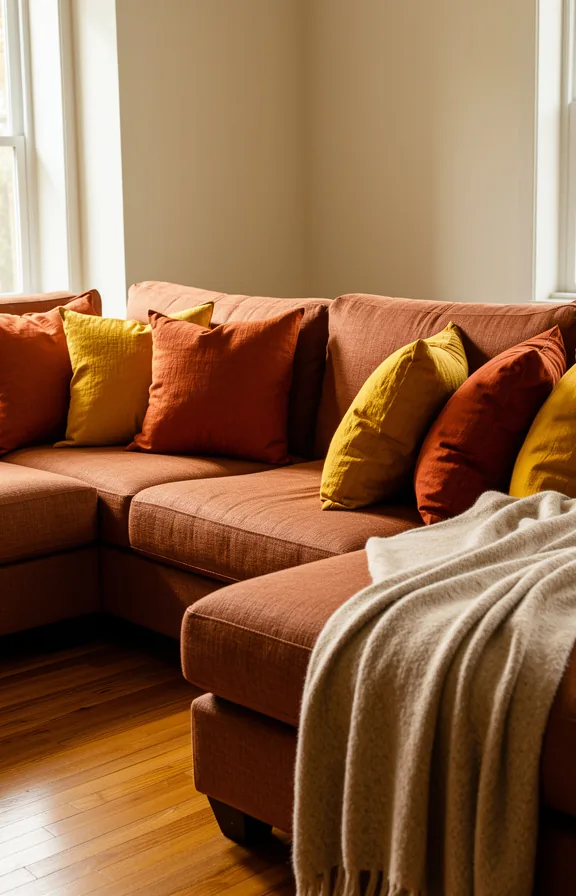 burnt orange, golden yellow, and rust tones, varying textures of linen and velvet