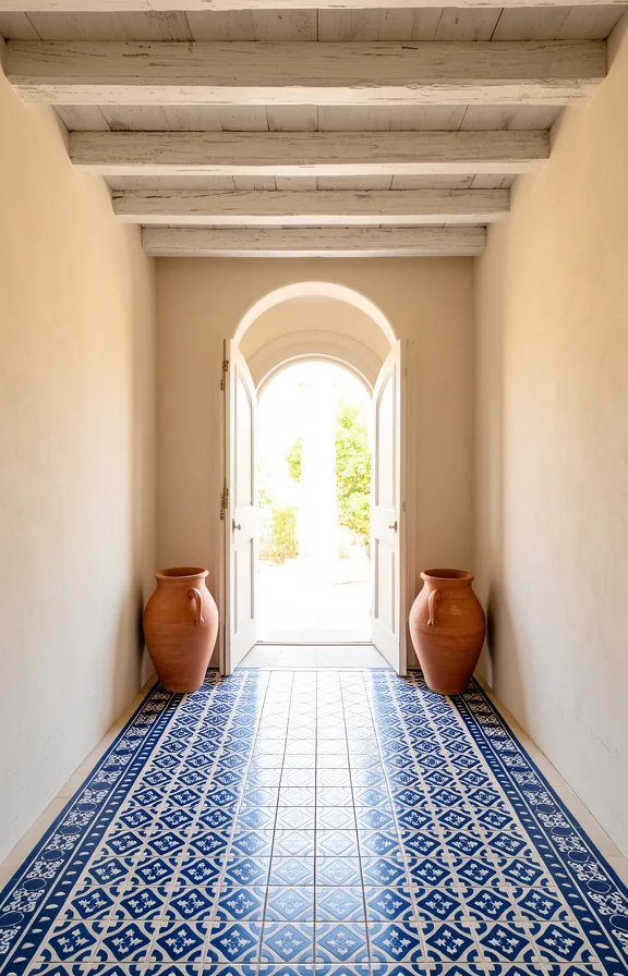 Full view of entryway with runner rug in hand-painted Mediterranean blue and white geometric tile