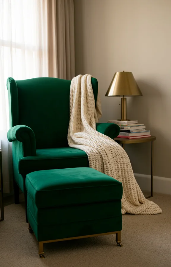 3/4 angle of bedroom reading corner with emerald green velvet wingback chair