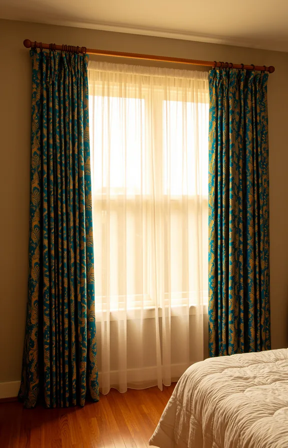 Full bedroom window view with floor-to-ceiling peacock blue and gold patterned linen curtain panels