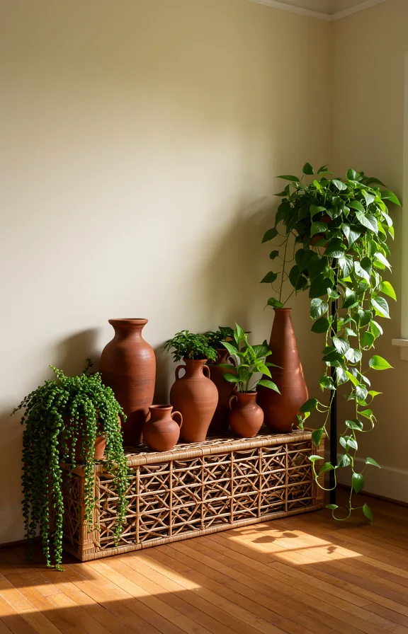 3/4 view of living room corner displaying seven terra cotta and rust-colored pottery vessels of v