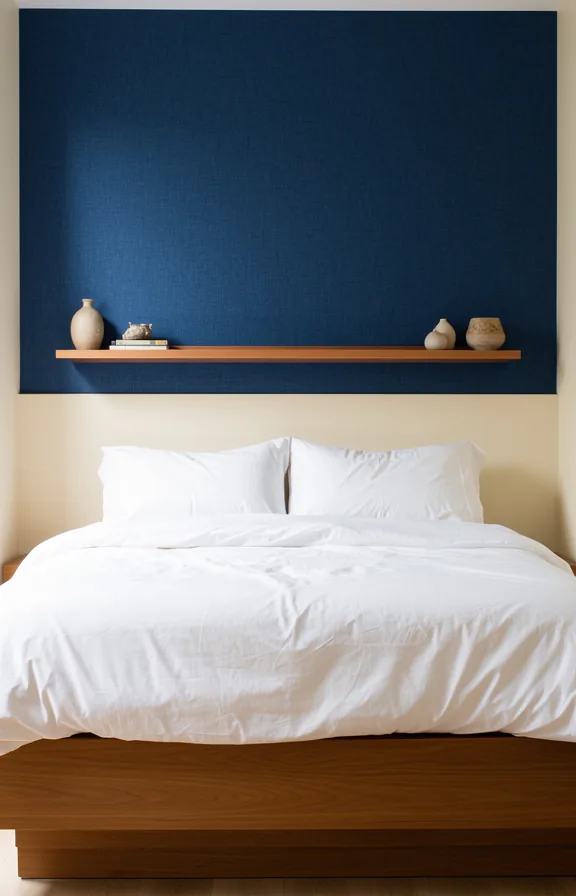 Full bedroom wall view with indigo blue linen upholstered headboard covering upper wall