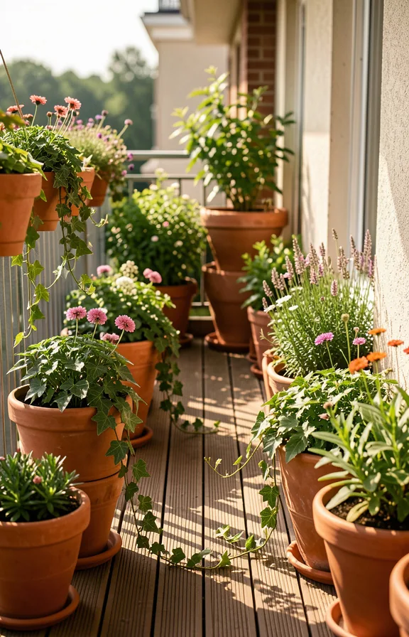 clay and terracotta pots in graduated heights lining both sides