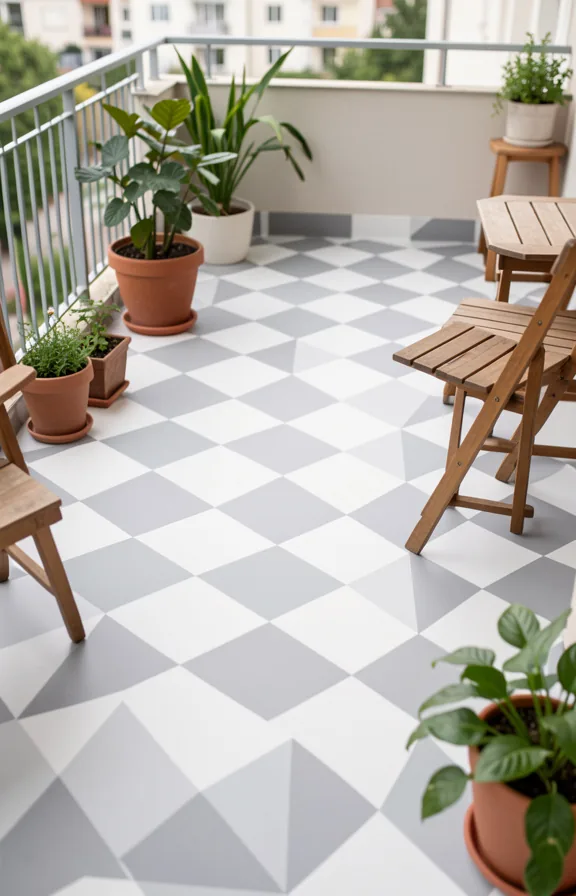 Rental balcony floor painted with geometric pattern in soft gray and white